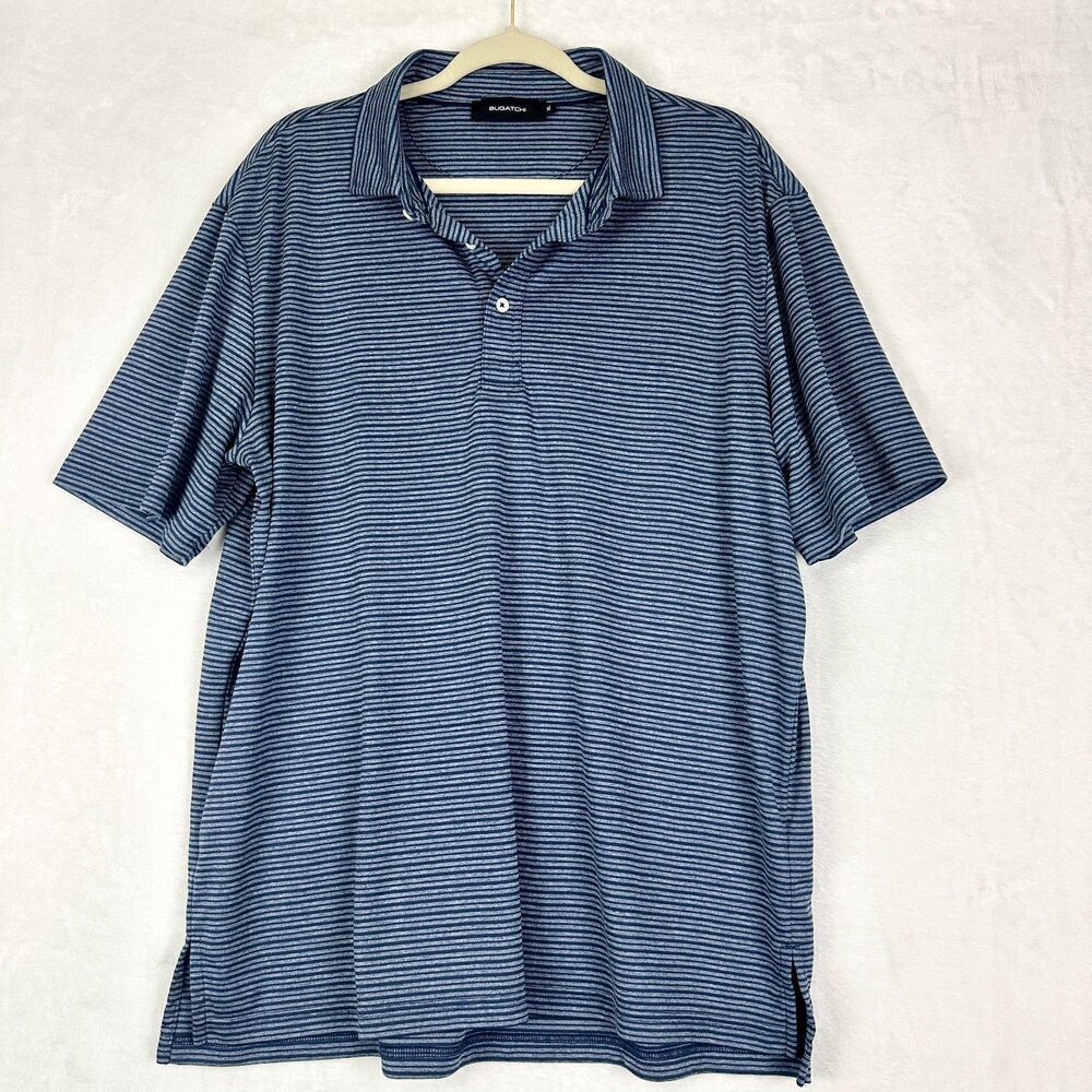 Bugatchi Polo Shirt Size XL Golf Performance Stripe Navy Blue Short Sleeve